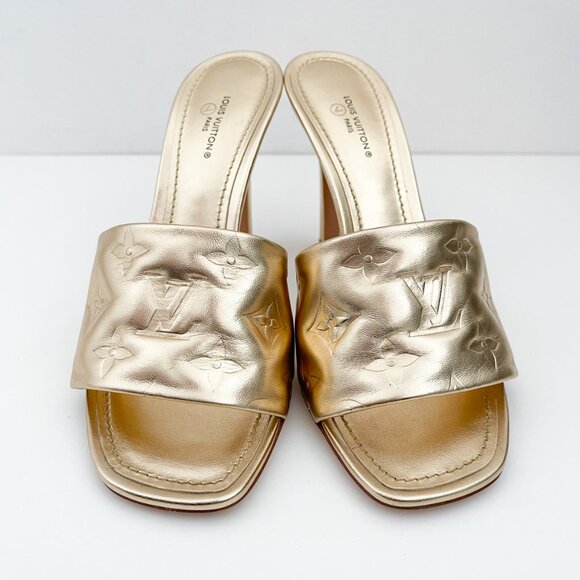 Louis Vuitton Revival Mule Monogram Gold Metalic Heel Padded Heels Sandals - Picture 5 of 14